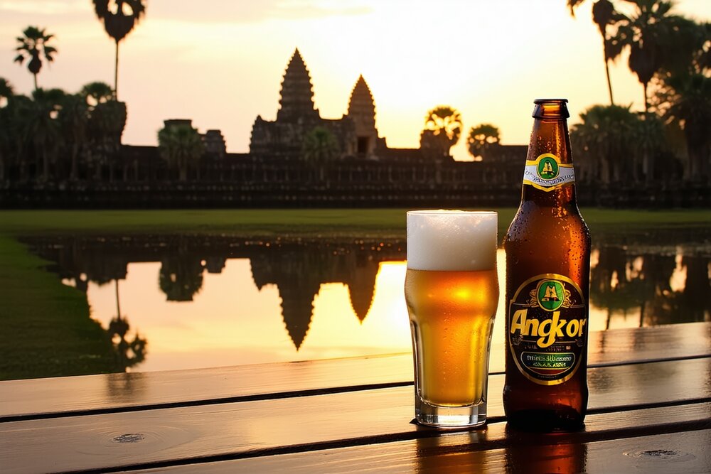 Angkor Beer at sunset with Angkor Wat