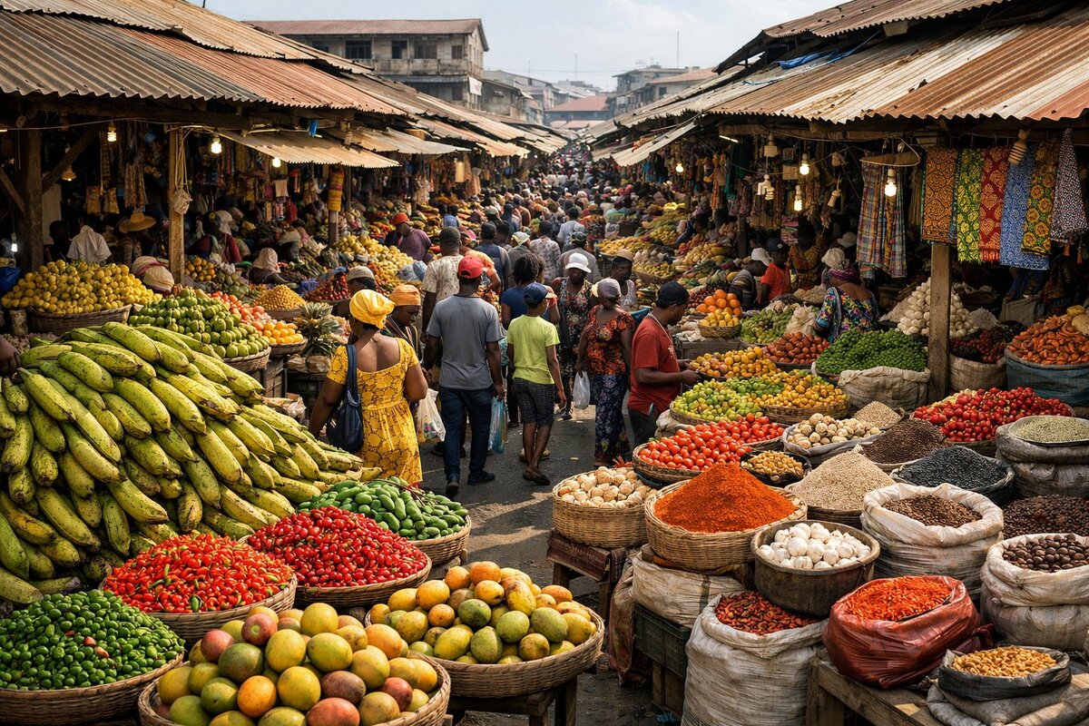 Vibrant market scene in Douala, Cameroon
