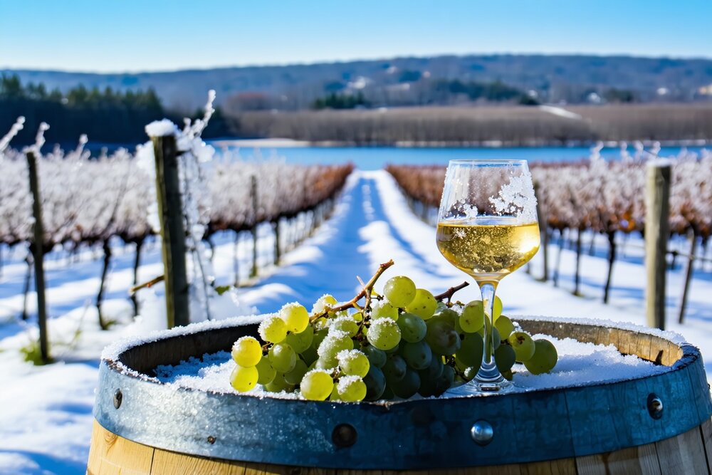 Canadian ice wine with frozen grapes in Niagara winter vineyard