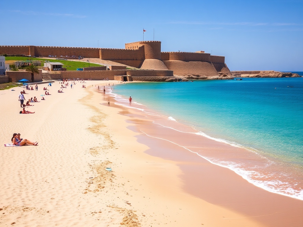 Playa de la Ribera with Royal Walls backdrop