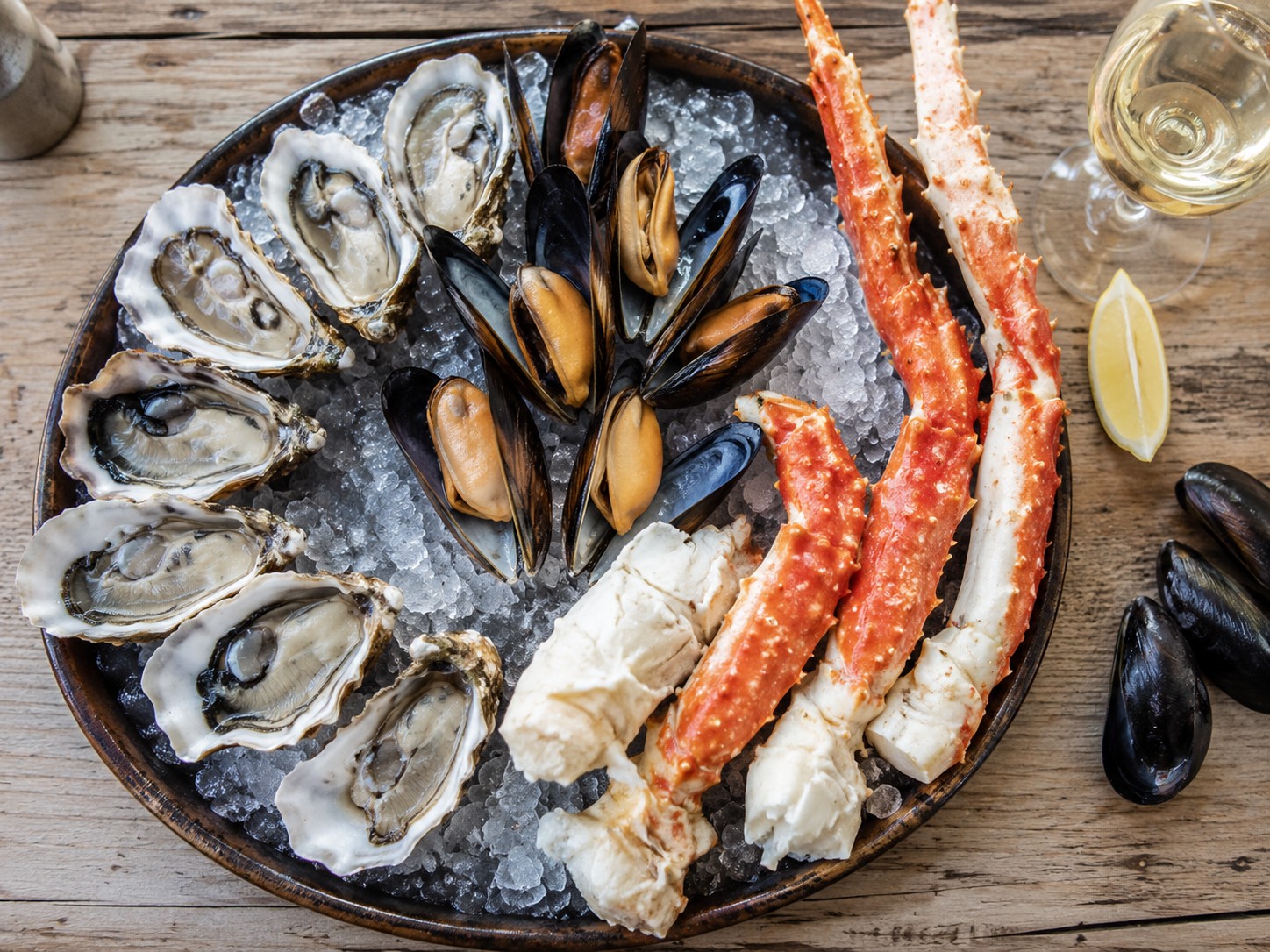 Chilean seafood platter with oysters, mussels, and king crab