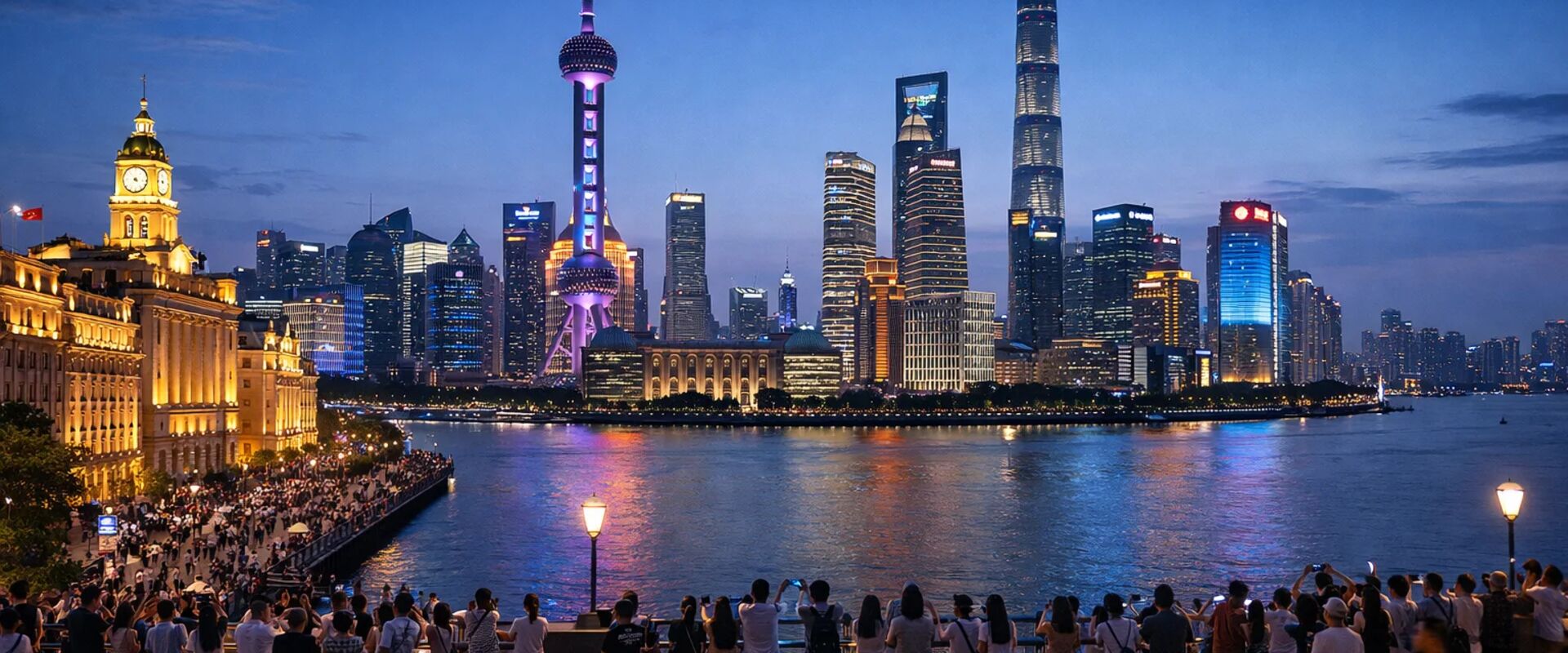 Shanghai Bund skyline at night with Himalayan mountains