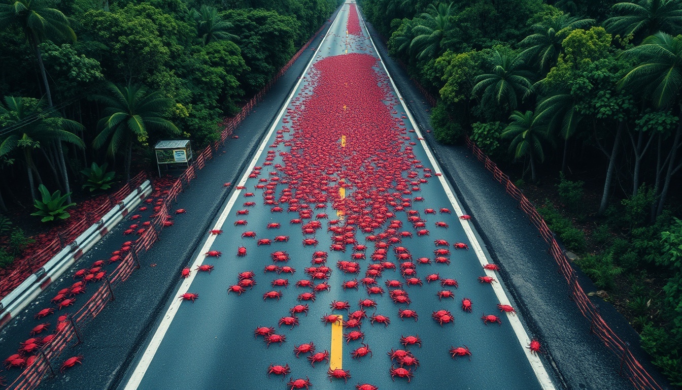 Red Crabs Crossing Road