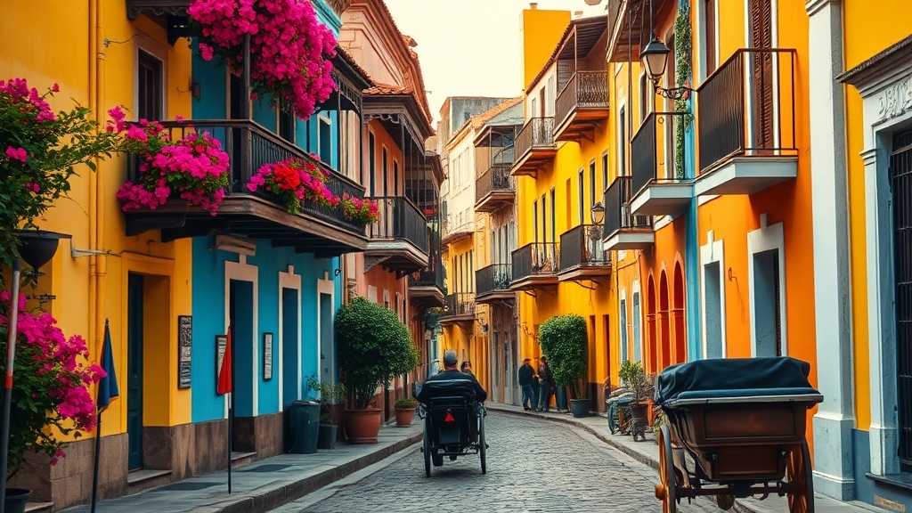 Colonial balconies draped in bougainvillea in the walled city of Cartagena de Indias, Colombia