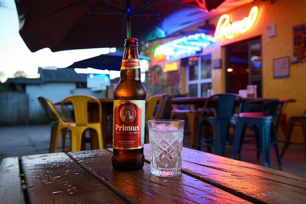 Primus beer and lotoko bottle at a Kinshasa bar