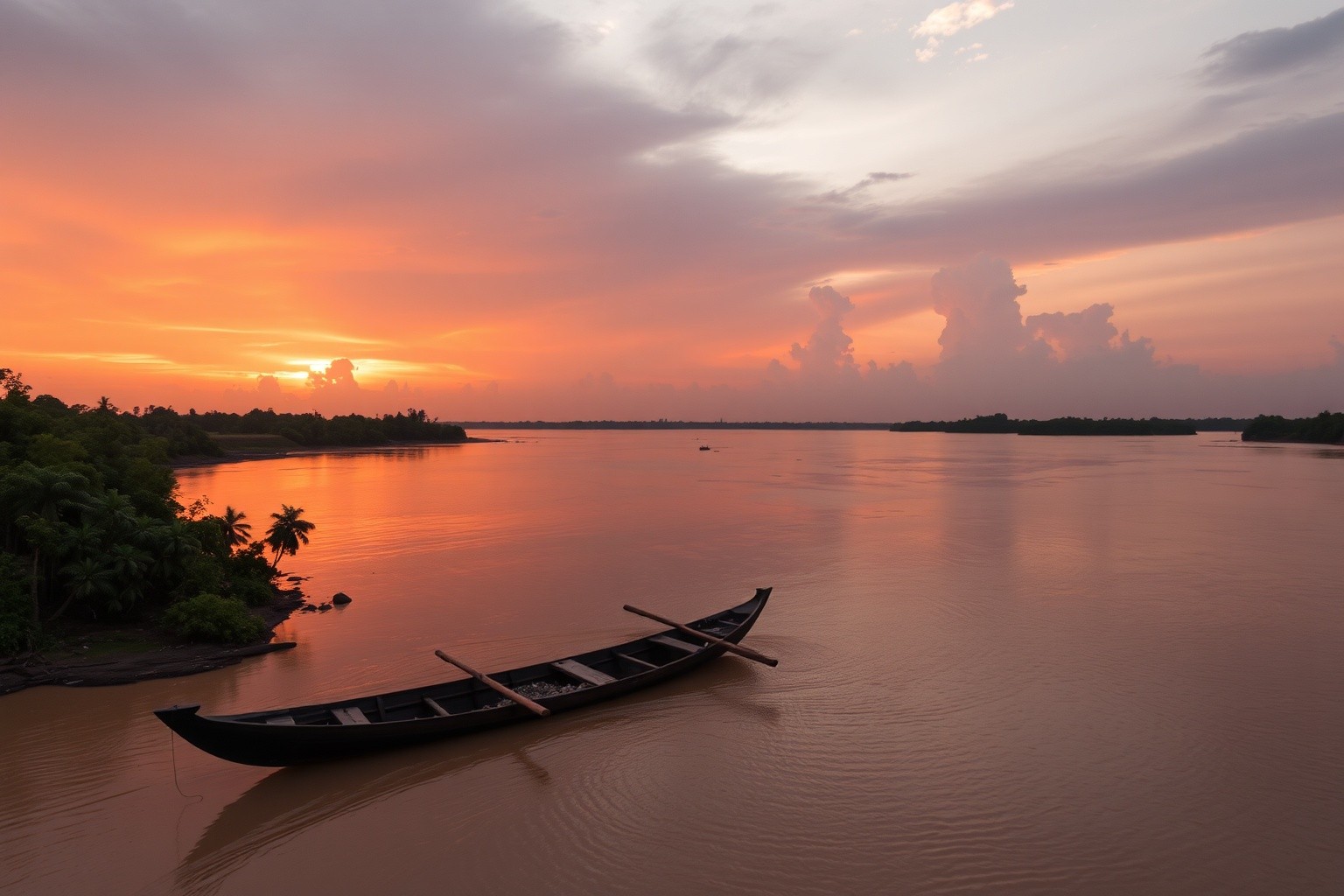 A pirogue on the Congo River at golden hour, Republic of the Congo