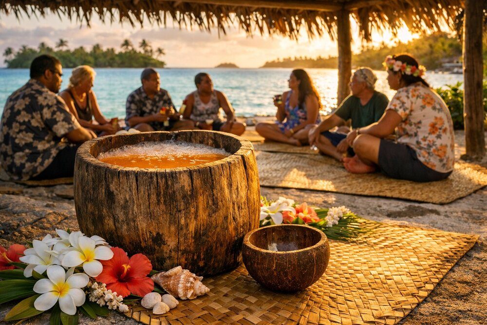 A tumunu bush-beer gathering, Atiu, Cook Islands