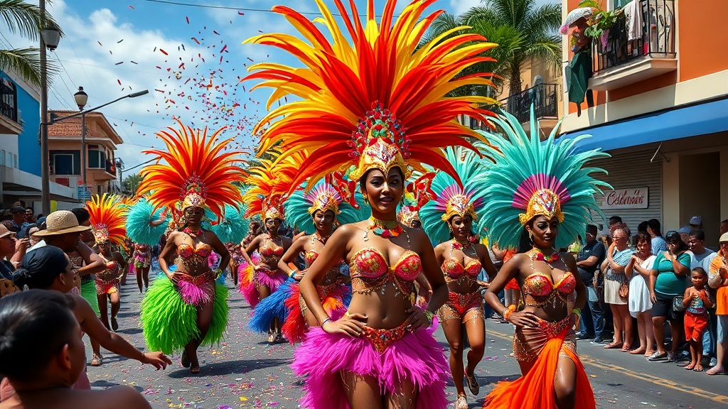Dancers in elaborate feathered costumes at the Curaçao Carnival parade