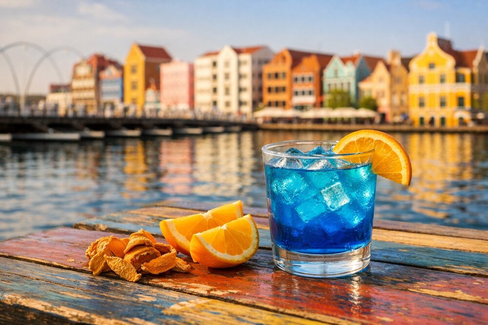 A glass of Blue Curaçao liqueur
