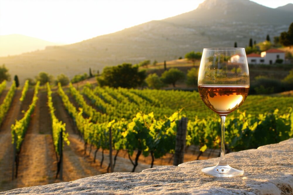 A glass of wine on a wall above terraced vineyards and hills