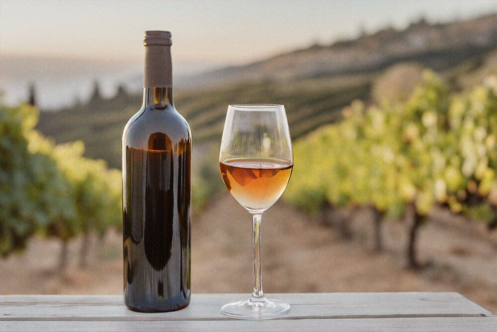 A glass of amber Commandaria dessert wine beside its bottle in a vineyard
