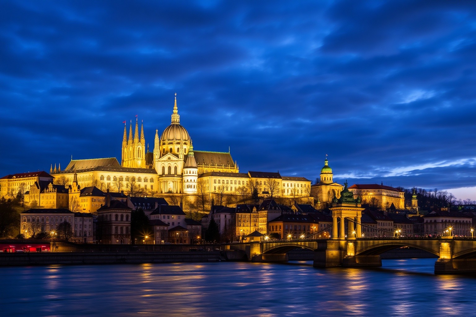 Prague Castle illuminated at blue hour over the Vltava River