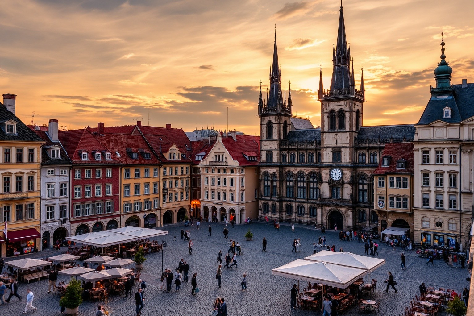Prague Old Town Square at sunset with Týn Church and Astronomical Clock