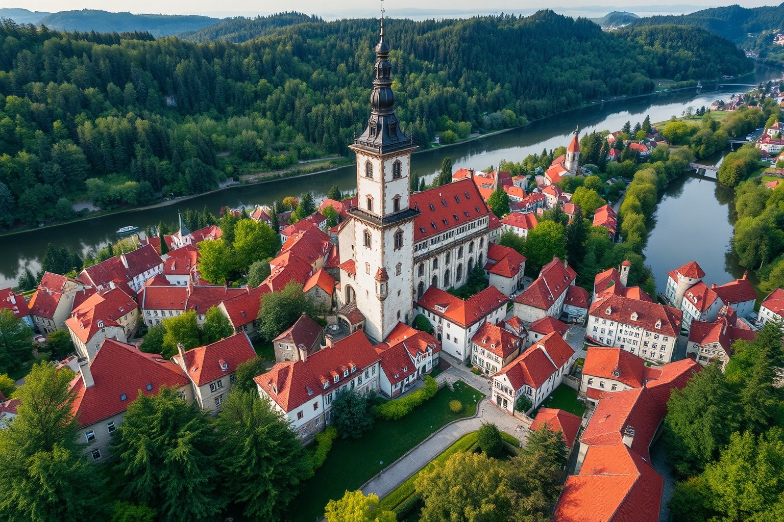 Aerial view of Cesky Krumlov with castle and Vltava River