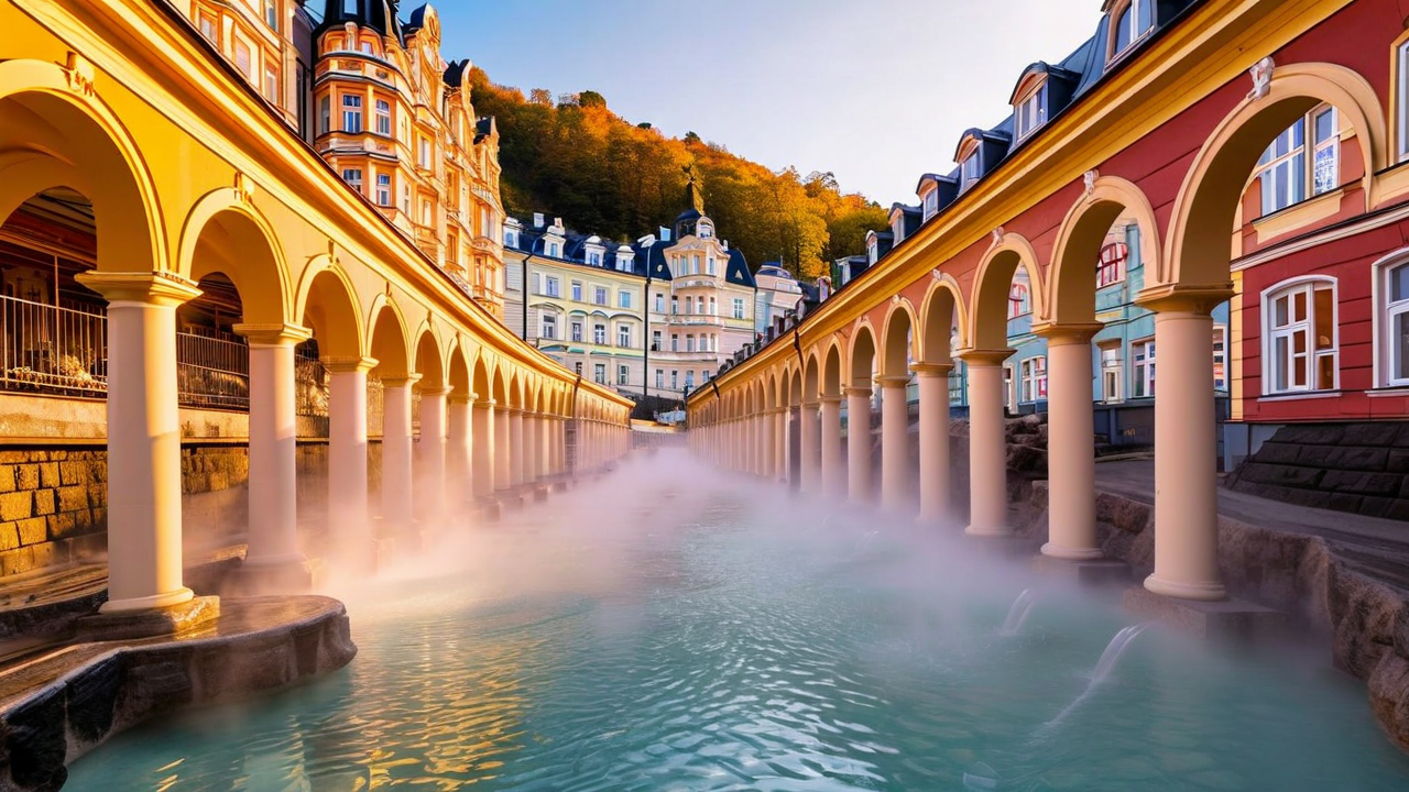 Karlovy Vary Mill Colonnade with thermal springs and colorful buildings