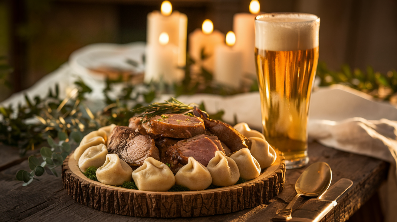 Czech svickova with bread dumplings and beer