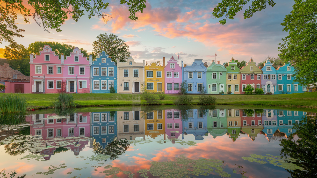 Telc colorful Renaissance houses reflecting in pond