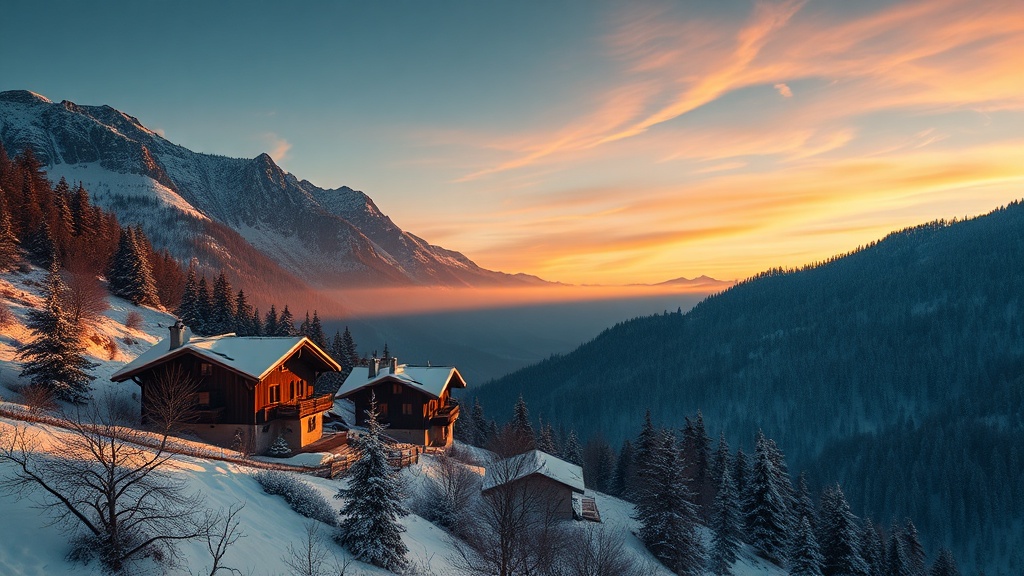 Krkonose Giant Mountains winter landscape with mountain chalets
