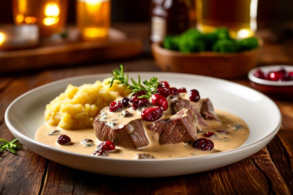 Svickova na smetane - sliced beef sirloin in creamy root-vegetable sauce with cranberries