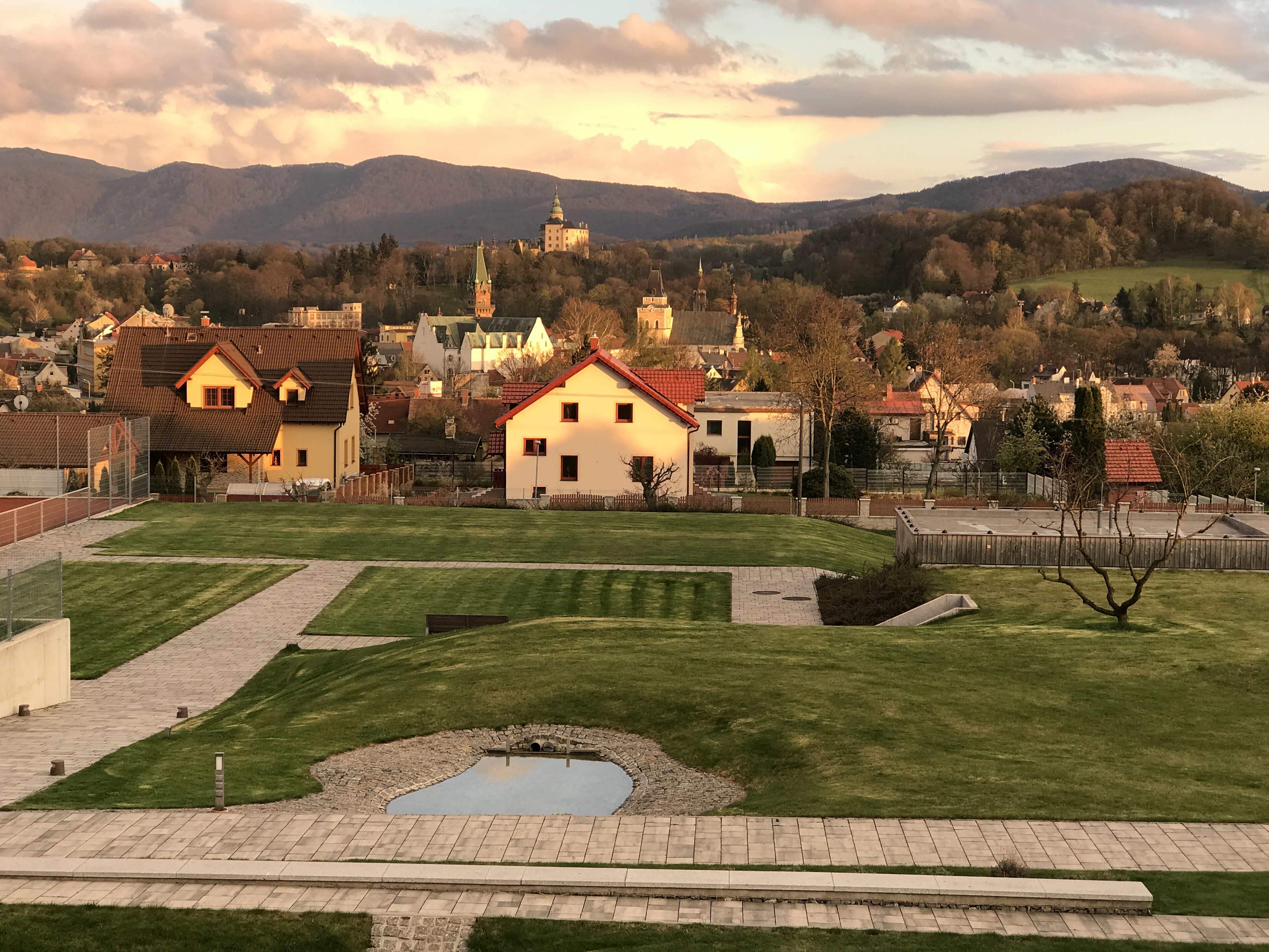 View of Frýdlant town and castle at sunset
