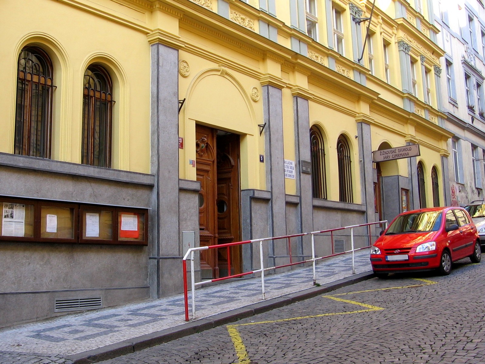 Zizkovske divadlo Jary Cimrmana theatre building facade in Prague