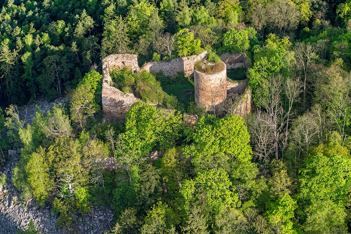 Aerial view of Valdek castle ruins in Brdy forest