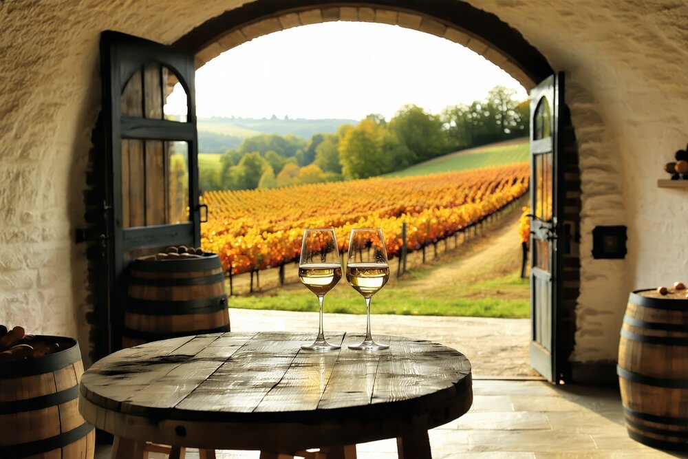 Traditional Moravian wine cellar with Pálava hills vineyards