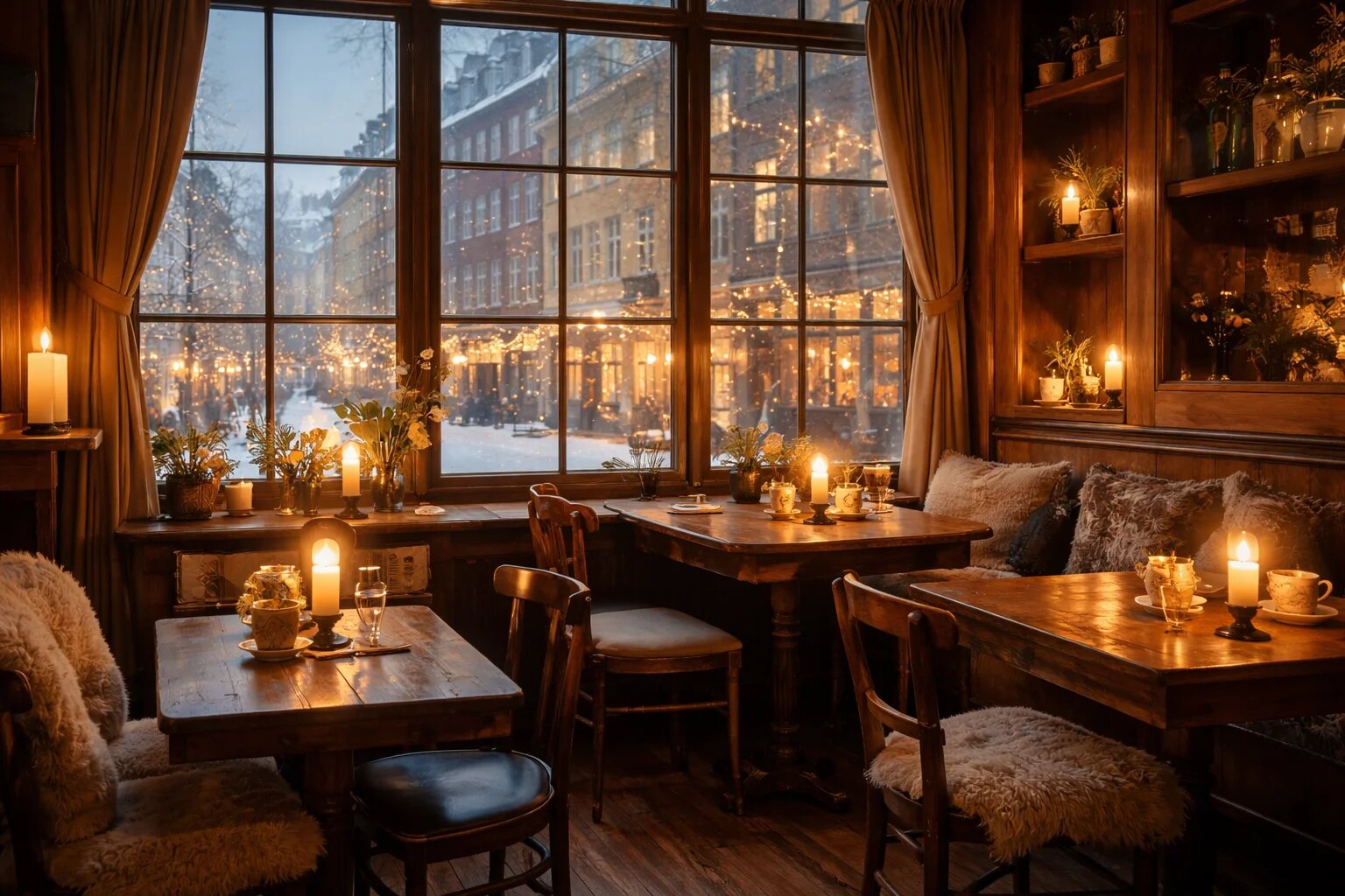 A warmly lit café interior with candles and wooden furniture in Denmark