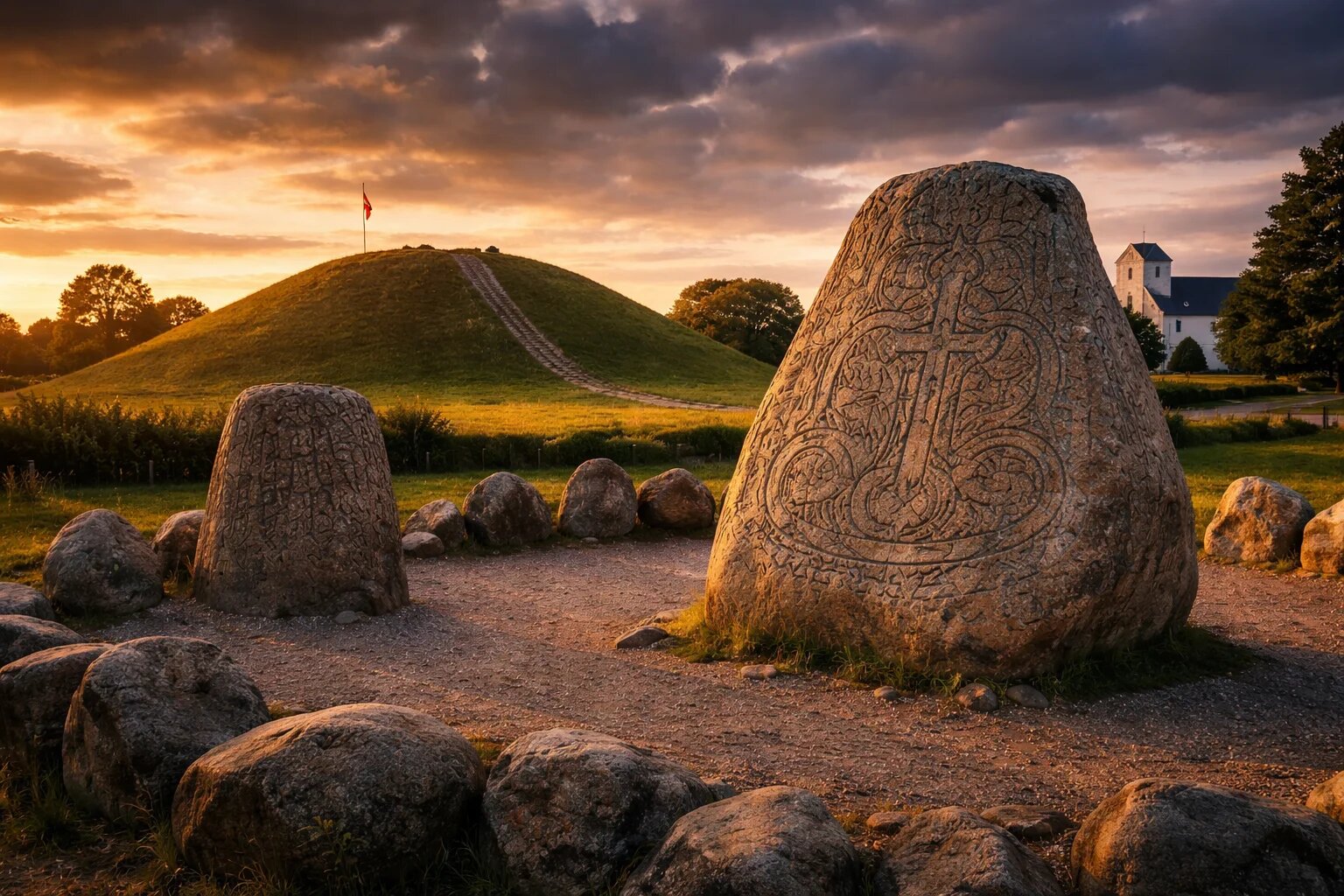 The Jelling runic stones in front of the burial mound and church at sunset, Denmark