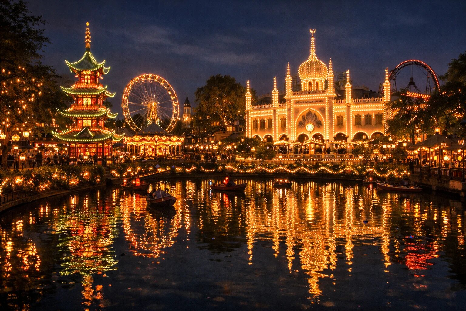 Tivoli Gardens illuminated at night with its lake, pagoda and Nimb building, Copenhagen