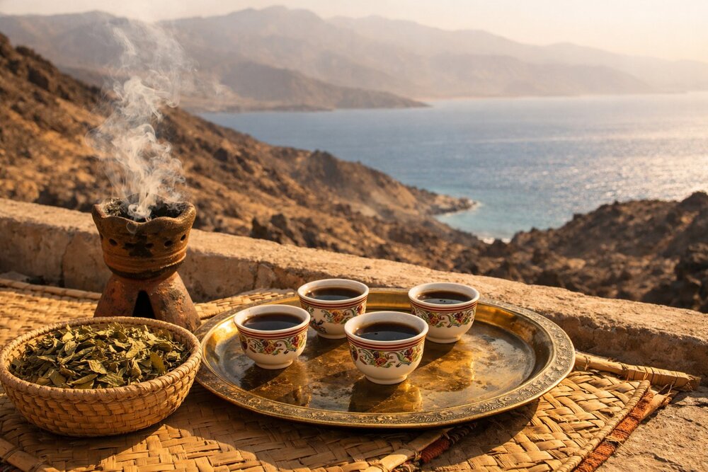 Coffee cups, an incense burner and a bowl of dried leaves overlooking the coast