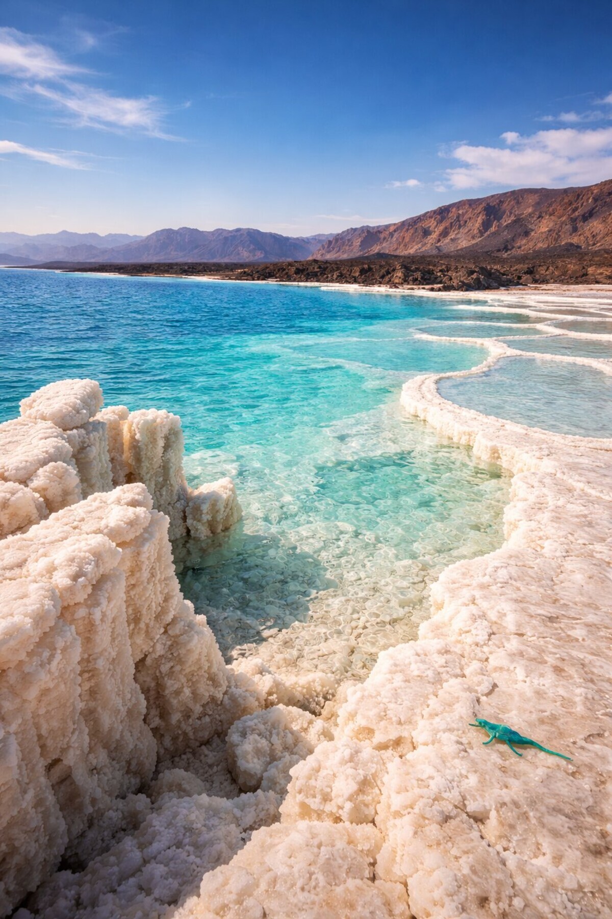 The shoreline of Lake Assal seen in portrait format, Djibouti
