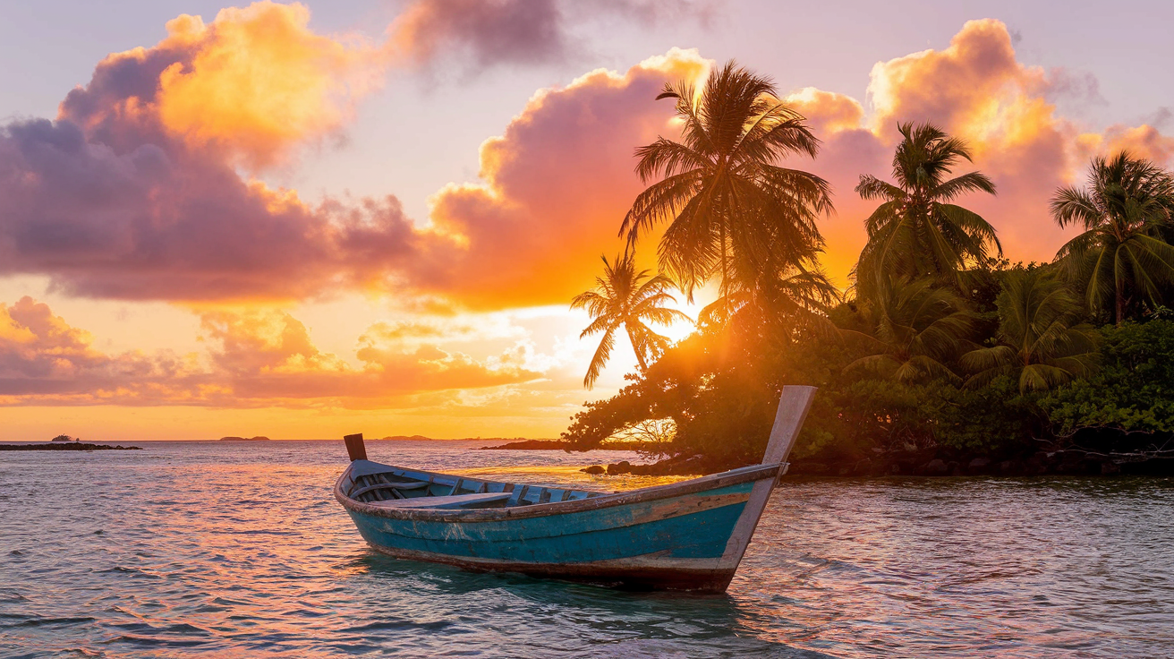 A wooden boat on calm turquoise water at sunset with palms on the shoreline, Caribbean