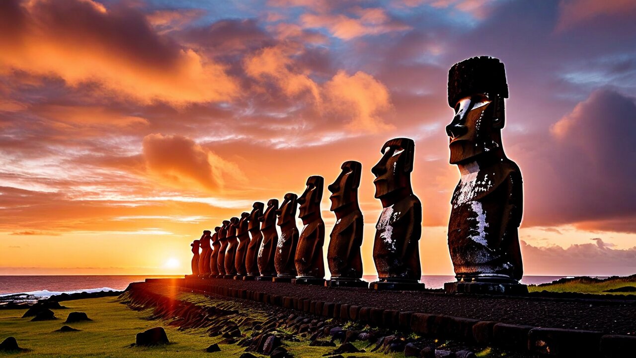 A row of fifteen moai standing on a stone platform against a sunrise sky, Ahu Tongariki
