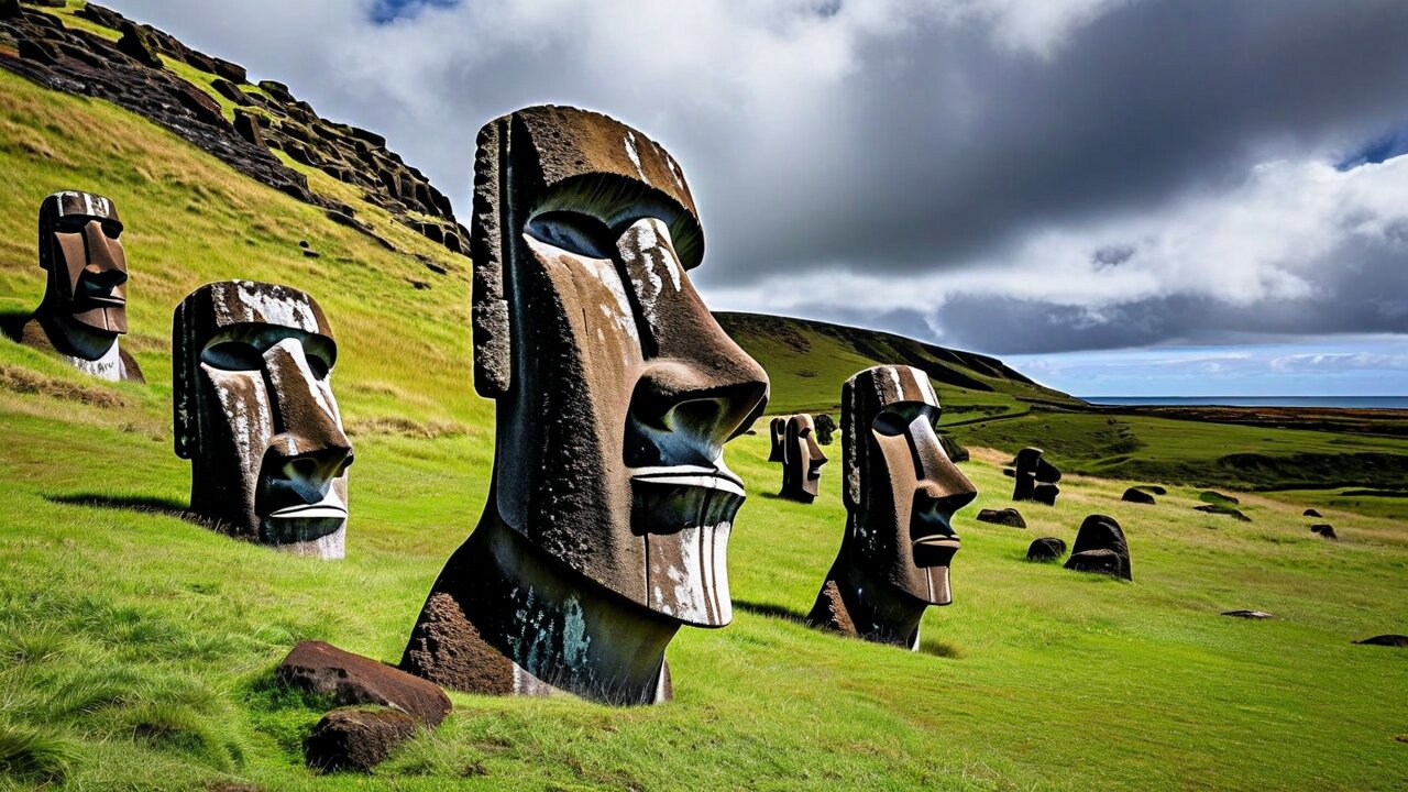 Several moai heads emerging from a green grassy slope under a stormy sky