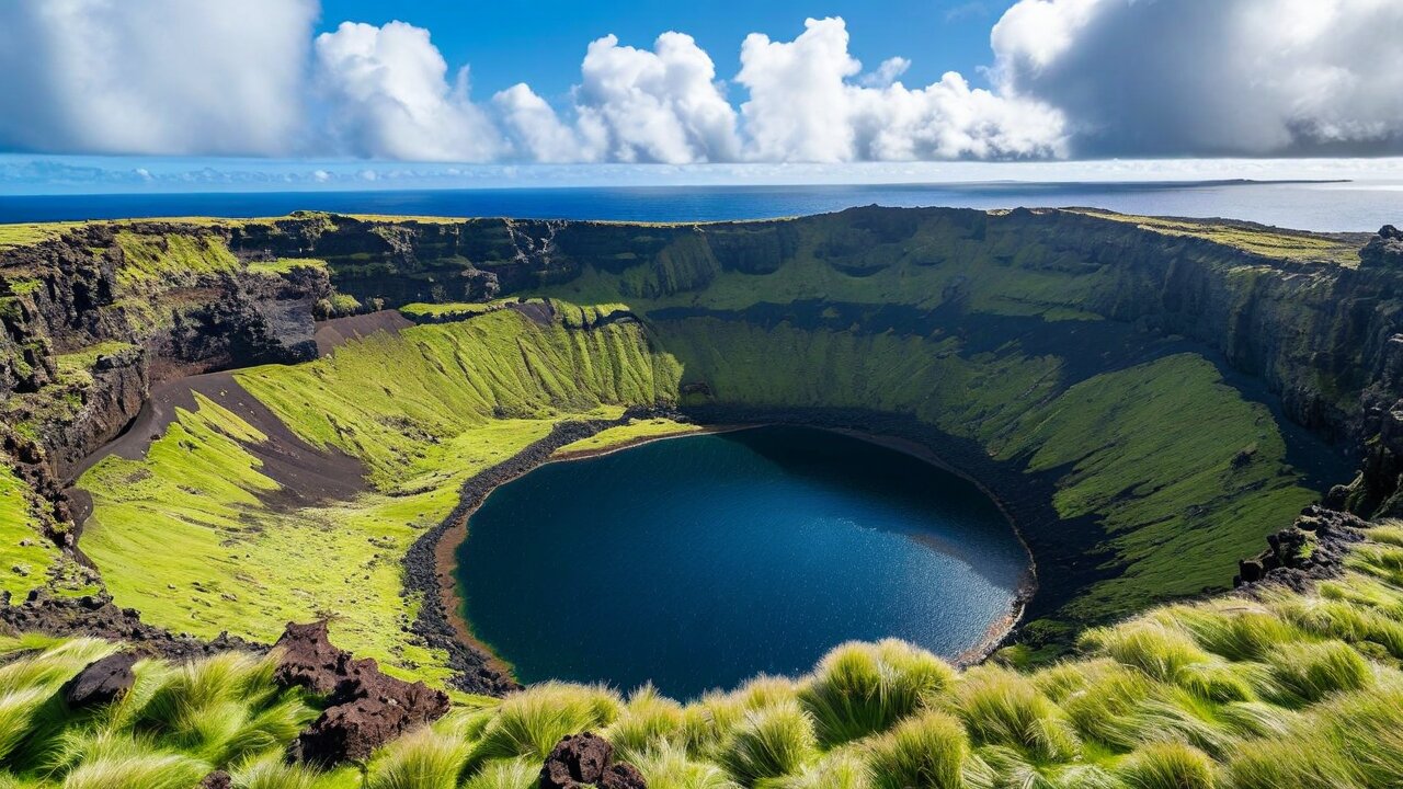 A vast volcanic crater holding a dark lake, with the ocean beyond the rim