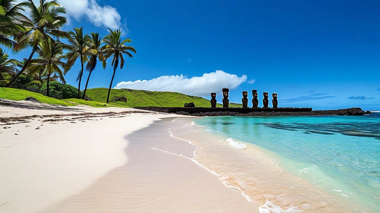 A white sand beach with palms and a row of moai on a platform behind it