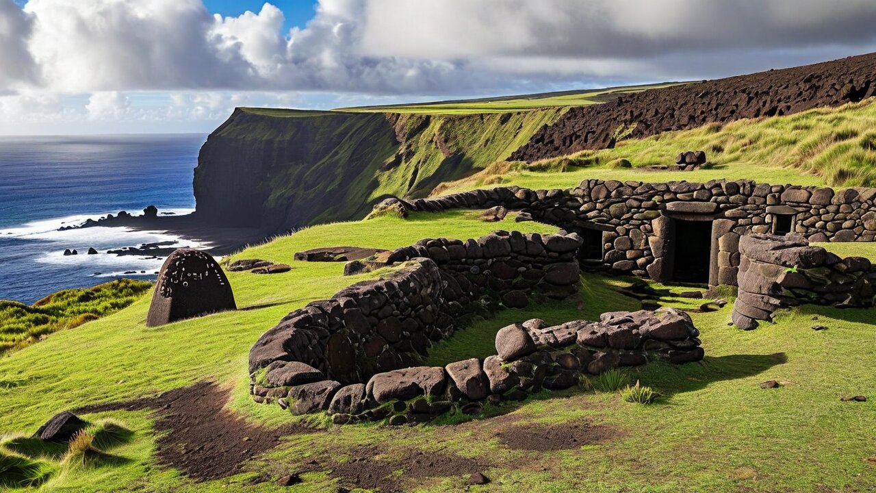 Low stone houses with turf roofs on a clifftop above the ocean, with a carved boulder