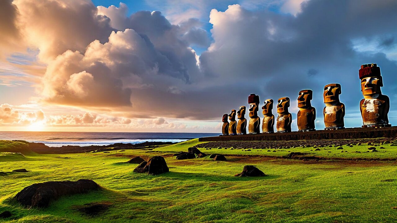 A row of moai with red topknots standing on a coastal platform at sunset