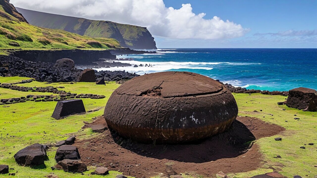 A large rounded boulder set in a ring of stones on a grassy coast beside the sea