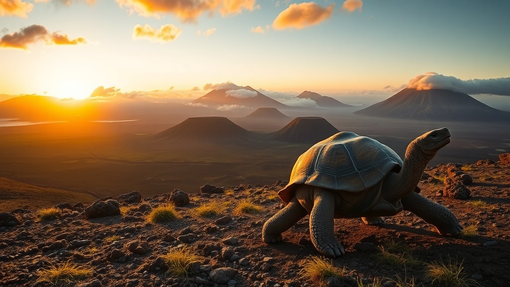 A Galápagos giant tortoise on volcanic ground with volcanic cones behind at sunrise