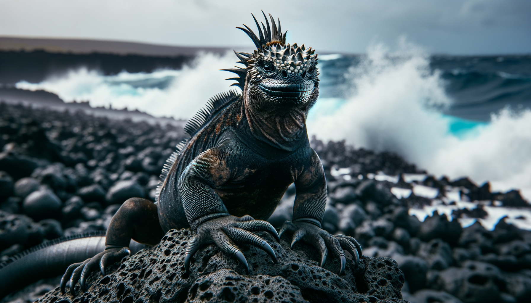 Marine iguana on volcanic rocks, Galápagos