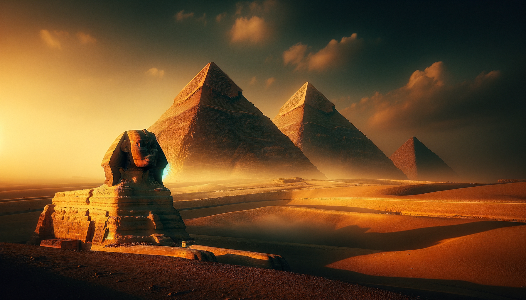 The Great Sphinx in front of the pyramids of Giza in golden desert light