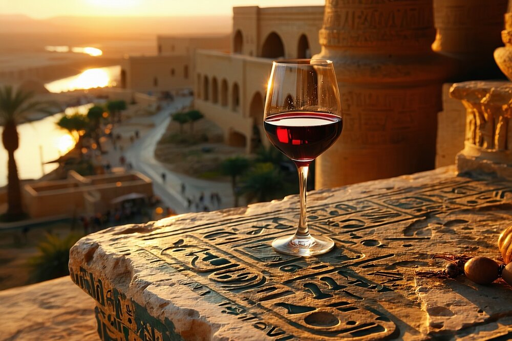 A glass of Egyptian red wine against ancient stone carvings with the Nile in the background