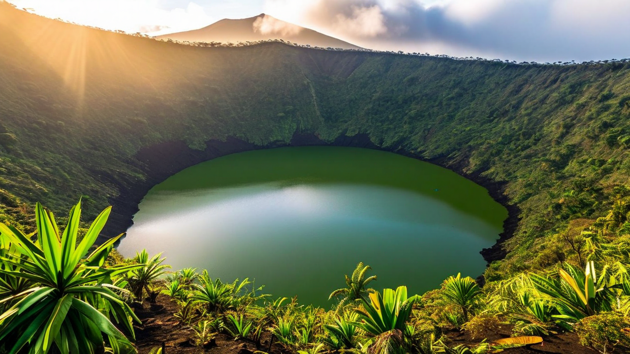 A green crater lake inside a forested caldera with a volcano rising behind it