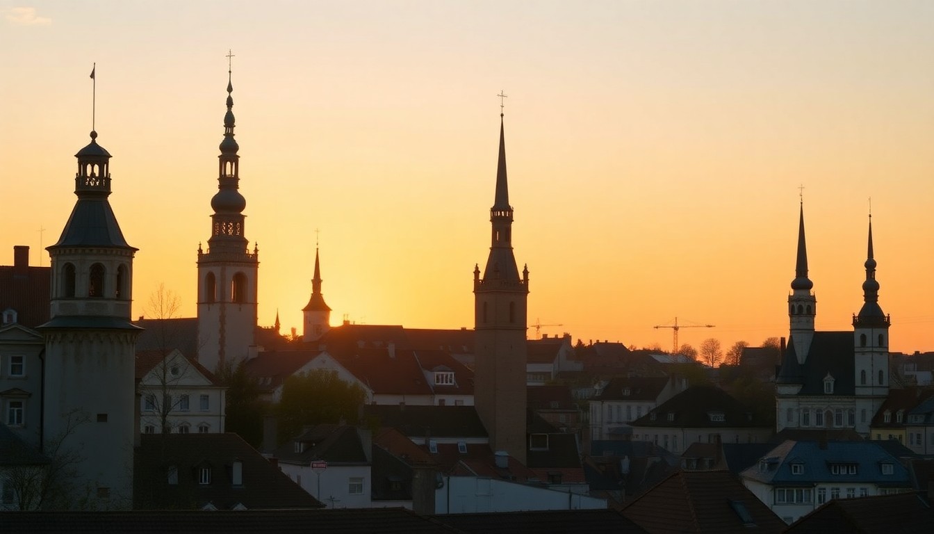 Old town spires and towers silhouetted against an orange sunset sky