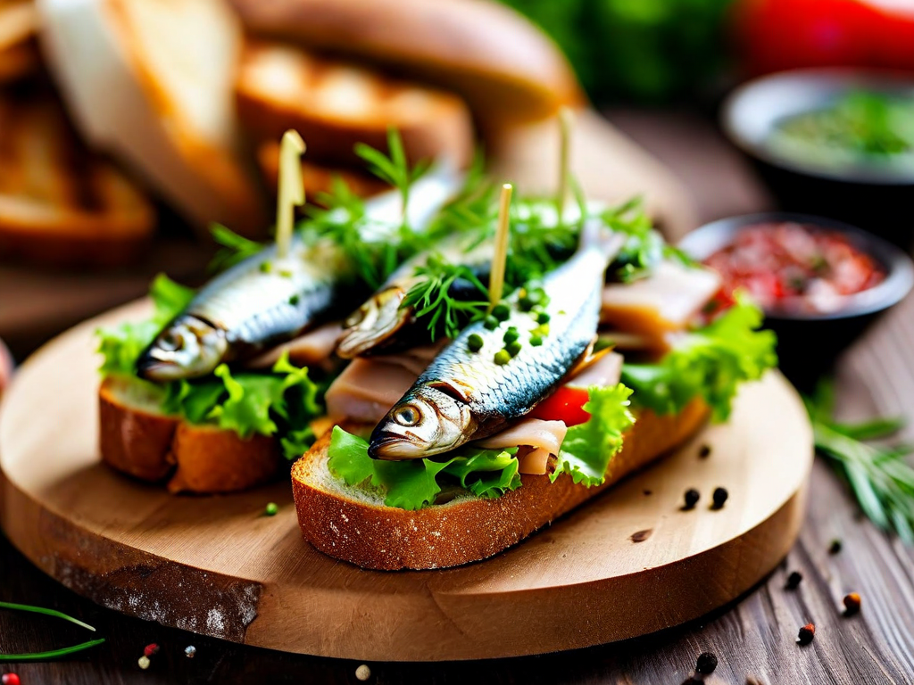 Open sandwiches topped with whole silvery sprats, greens and dill on a wooden board