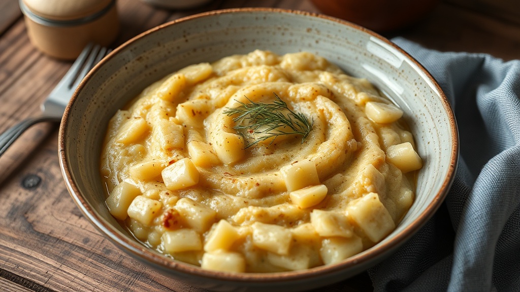 A bowl of pale mashed potato and barley porridge with chunks of potato