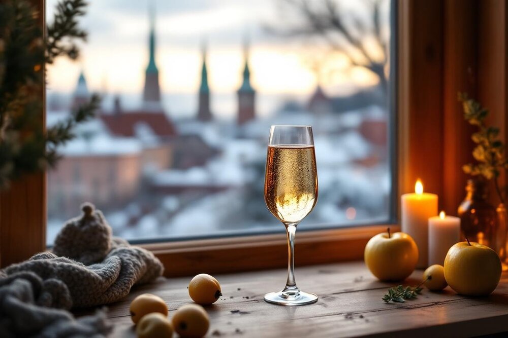 A flute of sparkling apple wine on a windowsill with apples and candles, snowy rooftops beyond