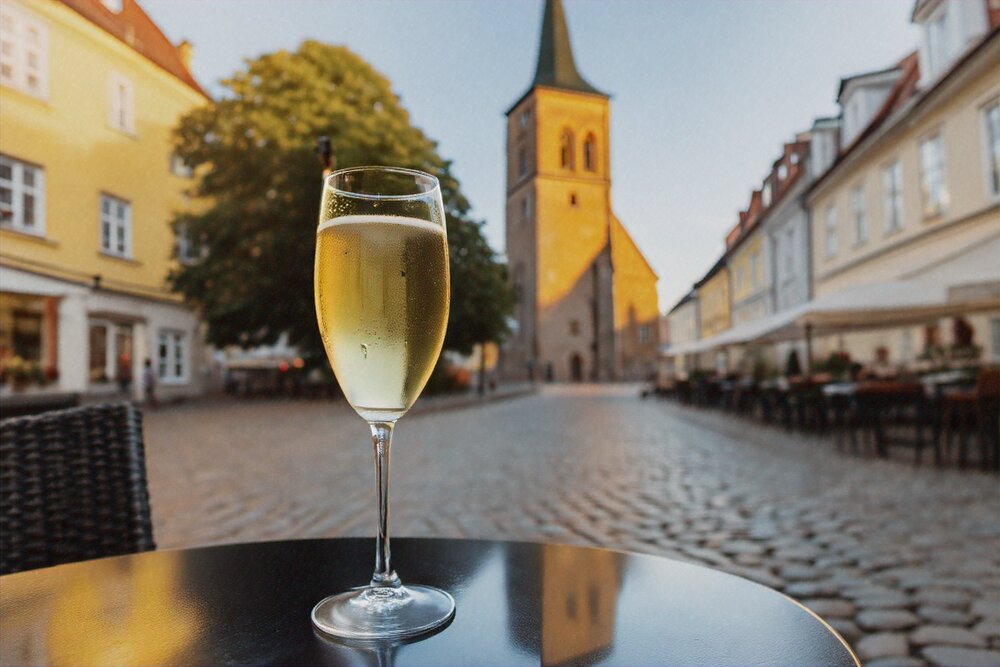 A glass of sparkling wine on a café table on a cobbled square with a church tower behind